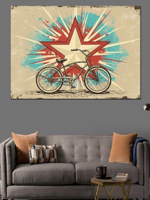 Tablomega Yıldızlı Fonda Kırmızı Nostaljik Bisiklet Dekoratif Kanvas - Mdf Ahşap Tablo