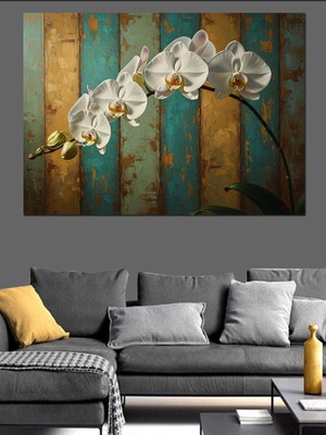 Tablomega Beyaz Orkide Çiçeği Ahşap Zemin Dekoratif Kanvas - Mdf Ahşap Tablo