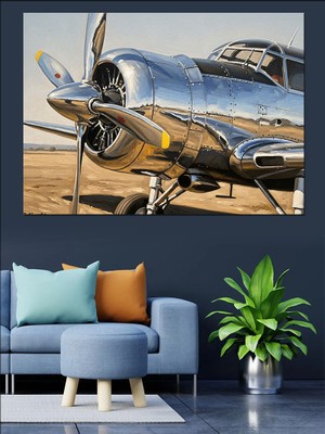 Tablomega Parlayan Metalik Klasik Pervaneli Uçak Dekoratif Kanvas - Mdf Ahşap Tablo