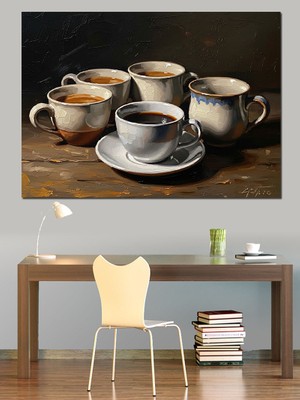 Tablomega Masada Buhar Saçan Üç Kahve Fincanı Dekoratif Kanvas - Mdf Ahşap Tablo