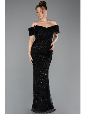 Abiyefon Kayık Yaka Boncuklu Uzun Abiye Elbise ABU5547