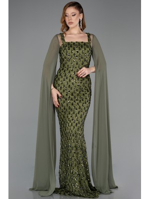 Abiyefon Kare Yaka Pelerin Kol Uzun Pullu Abiye Elbise ABU5589