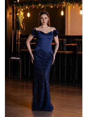 Abiyefon Kayık Yaka Çiçek Aplikeli Uzun Boncuklu Abiye ABU5616