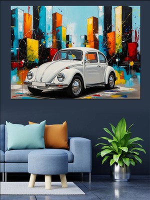 Tablomega Graffiti Duvar Önünde Beyaz Araba Dekoratif Kanvas - Mdf Ahşap Tablo