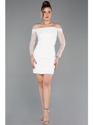 Abiyefon Kayık Yaka Uzun Kol Kısa Davet Elbisesi ABK2455