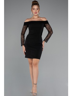 Abiyefon Kayık Yaka Uzun Kol Kısa Davet Elbisesi ABK2455