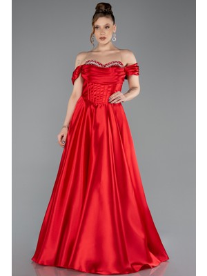 Abiyefon Taşlı Kayık Yaka Uzun Saten Abiye Elbise ABU5530