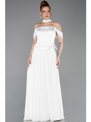 Abiyefon Saten Kayık Yaka Uzun Şifon Büyük Beden Abiye ABU5551