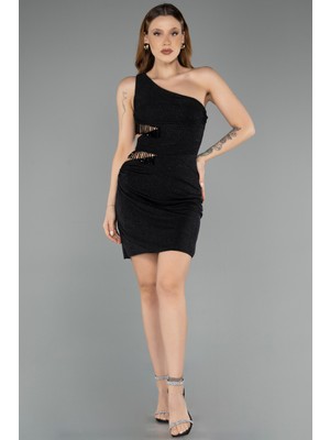 Abiyefon Tek Omuz Cut Out Kısa Simli Davet Elbisesi ABK2500