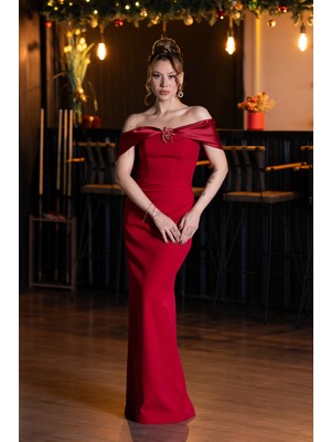 Abiyefon Saten Kayık Yaka Uzun Balık Abiye Elbise ABU5562