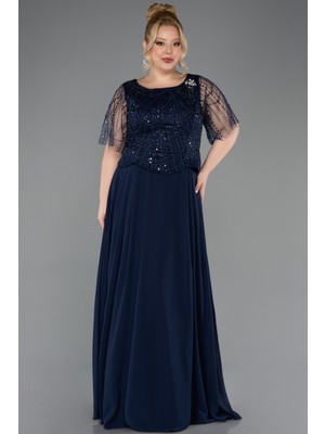 Abiyefon Kısa Kol Üstü Pullu Şifon Uzun Büyük Beden Abiye ABU5554