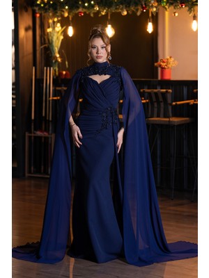 Abiyefon Straplez Şallı Portatif Üst Detaylı Uzun Abiye ABU5558