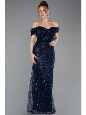 Abiyefon Kayık Yaka Boncuklu Uzun Abiye Elbise ABU5557