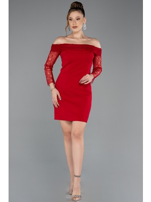 Abiyefon Kayık Yaka Uzun Kol Kısa Davet Elbisesi ABK2455