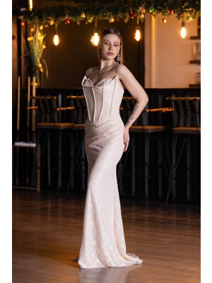 Abiyefon Straplez Korse Detay Uzun Dantel Abiye Elbise ABU5815