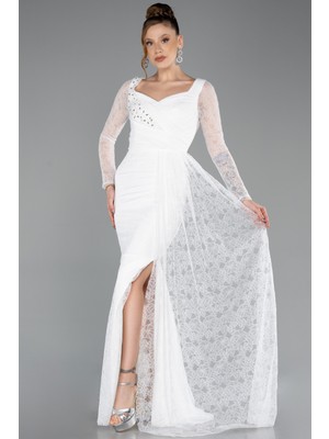 Abiyefon Uzun Kol Yırtmaçlı Dantel Abiye Elbise ABU5588