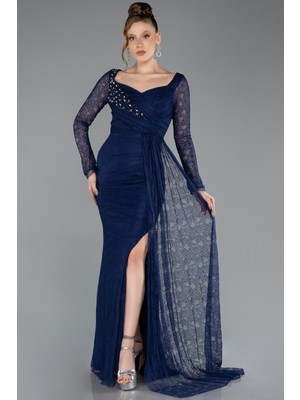 Abiyefon Uzun Kol Yırtmaçlı Dantel Abiye Elbise ABU5588