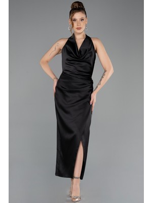 Abiyefon Boyundan Bağlamalı Midi Saten Davet Elbisesi ABK2506