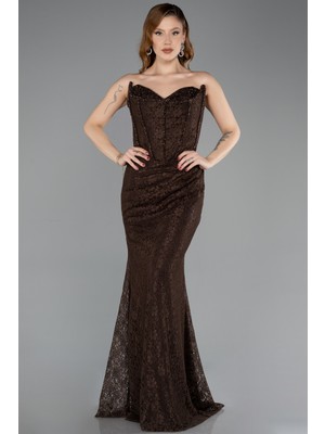 Abiyefon Straplez Korse Detay Uzun Dantel Abiye Elbise ABU5815