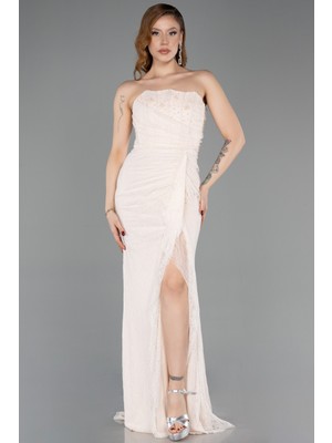 Abiyefon Straplez Kol Aksesuarlı Yırtmaçlı Uzun Dantel Abiye ABU5603