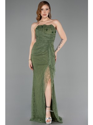 Abiyefon Straplez Kol Aksesuarlı Yırtmaçlı Uzun Dantel Abiye ABU5603