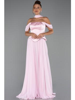 Abiyefon Saten Kayık Yaka Uzun Şifon Büyük Beden Abiye ABU5551