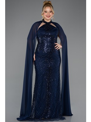 Abiyefon Halter Yaka Şallı Uzun Boncuklu Büyük Beden Abiye ABU5596