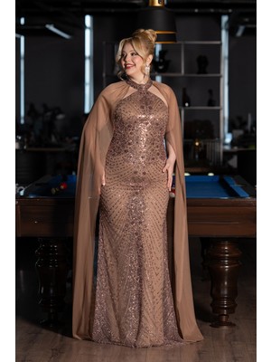 Abiyefon Halter Yaka Şallı Uzun Boncuklu Büyük Beden Abiye ABU5596