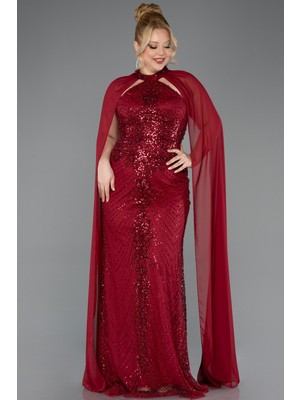 Abiyefon Halter Yaka Şallı Uzun Boncuklu Büyük Beden Abiye ABU5596