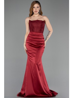 Abiyefon Straplez Dantel Korsajlı Uzun Saten Balık Abiye ABU5606