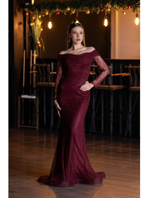 Abiyefon Kayık Yaka Uzun Kol Dantel Abiye Elbise ABU5617