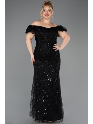 Abiyefon Kayık Yaka Boncuklu Uzun Büyük Beden Abiye ABU5548