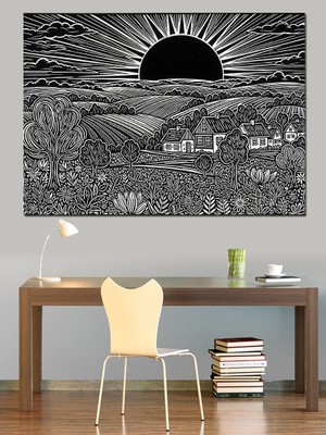 Tablomega Siyah Beyaz Soyut Manzara Çizimi Dekoratif Kanvas - Mdf Ahşap Tablo