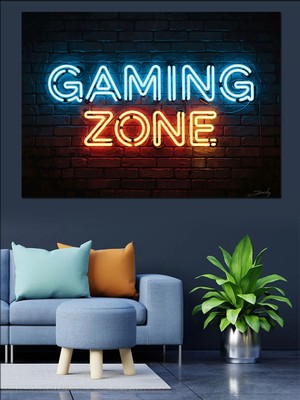 Tablomega Gaming Zone Neon Işıklı Yazı Dekoratif Kanvas - Mdf Ahşap Tablo