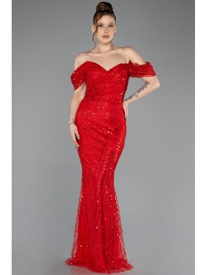 Abiyefon Kayık Yaka Boncuklu Uzun Abiye Elbise ABU5557