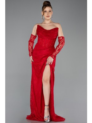 Abiyefon Straplez Bacak Dekolteli Uzun Dantel Abiye ABU5608