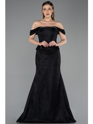 Abiyefon Kayık Yaka Peplum Kesim Uzun Dantel Abiye Elbise ABU5609