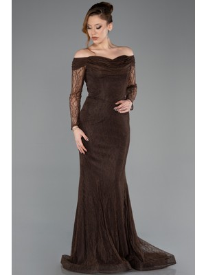 Abiyefon Kayık Yaka Uzun Kol Dantel Abiye Elbise ABU5617