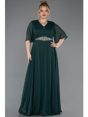 Abiyefon Kısa Kol V Yaka Beli Taşlı Uzun Şifon Büyük Beden Abiye ABU5613