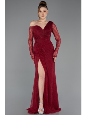 Abiyefon Drapeli Göğüs Detaylı Yırtmaçlı Uzun Dantel Abiye ABU5618