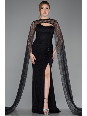 Abiyefon Straplez Yırtmaçlı Uzun Pelerinli Dantel Abiye ABU5614