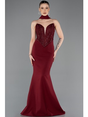 Abiyefon Taşlı Straplez Yaka Şallı Uzun Balık Abiye ABU5568