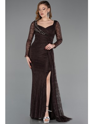 Abiyefon Uzun Kol Yırtmaçlı Dantel Abiye Elbise ABU5588