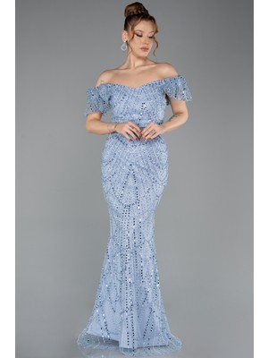 Abiyefon Kayık Yaka Boncuklu Uzun Abiye Elbise ABU5547