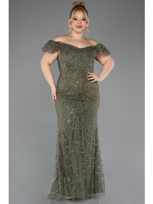 Abiyefon Kayık Yaka Boncuklu Uzun Büyük Beden Abiye ABU5548