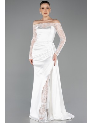 Abiyefon Dantelli Uzun Kol Kayık Yaka Saten Balık Abiye ABU5641