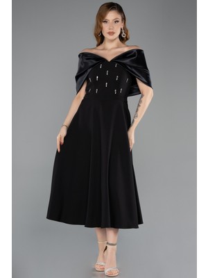 Abiyefon Saten Taşlı Kayık Yaka Midi Davet Elbisesi ABK2523