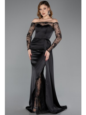 Abiyefon Dantelli Uzun Kol Kayık Yaka Saten Balık Abiye ABU5641