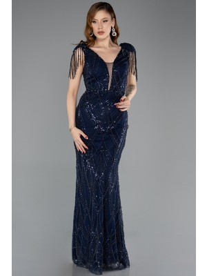 Abiyefon Saçaklı Kısa Kol V Yaka Uzun Boncuklu Abiye ABU5637