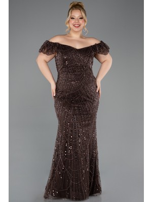 Abiyefon Kayık Yaka Boncuklu Uzun Büyük Beden Abiye ABU5548